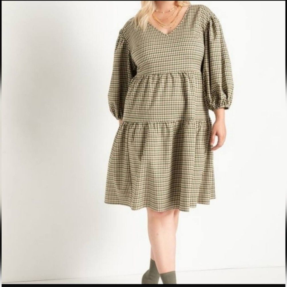 Eloquii Beige Fall Earth Gingham Plaid V Neck Knee Height Dress US 18 Nwt (bx27)